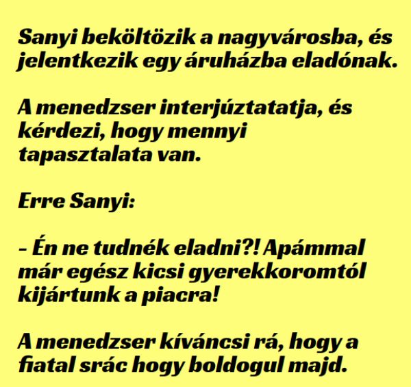 Sanyi beköltözik a nagyvárosba, és jelentkezik egy áruházba eladónak.