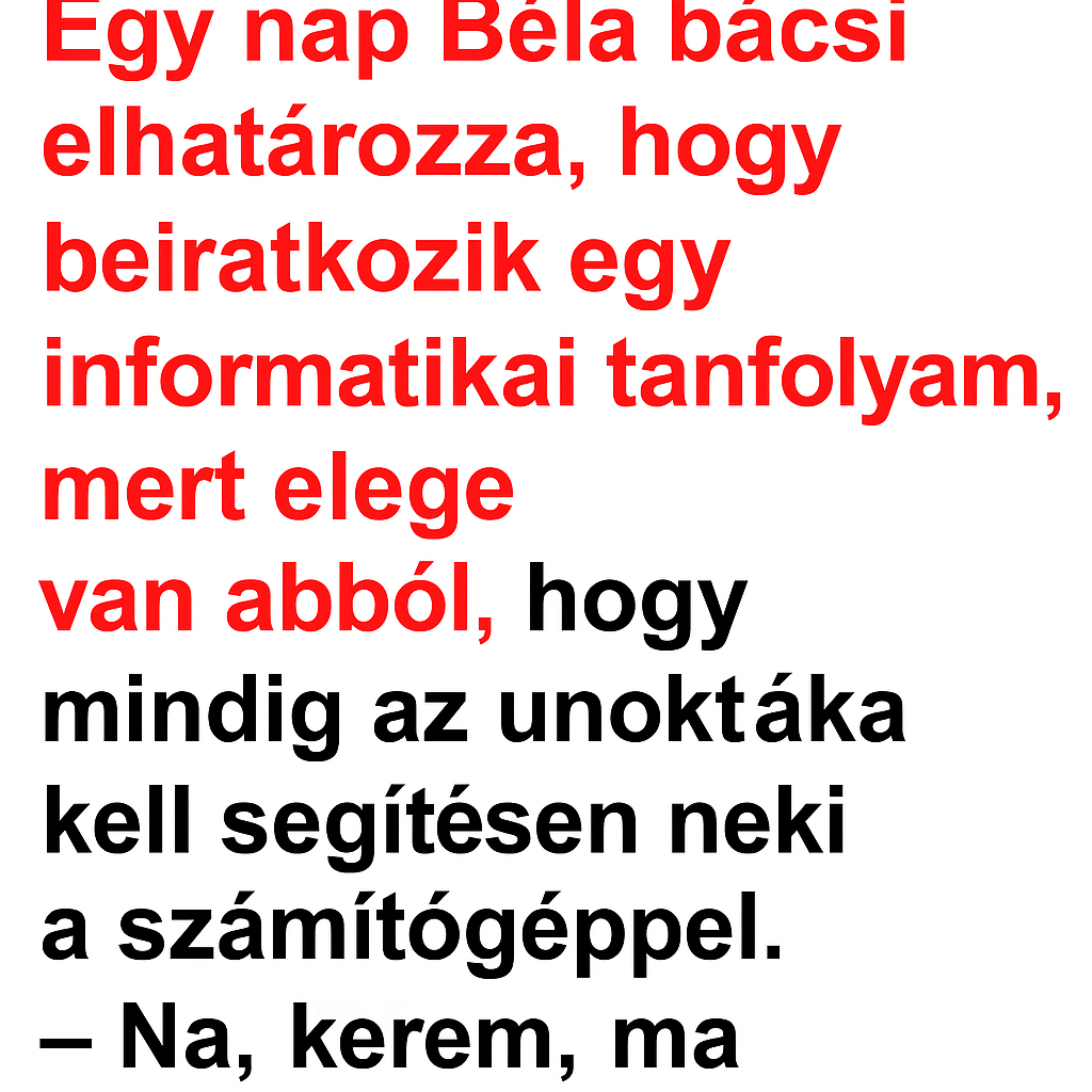 Egy nap Béla bácsi elhatározza, hogy beiratkozik egy informatikai tanfolyamra, mert elege van abból, hogy mindig az unokája kell segítsen neki a számítógéppel.  Meg is érkezik az első órára, leül, és az oktató elkezdi:
