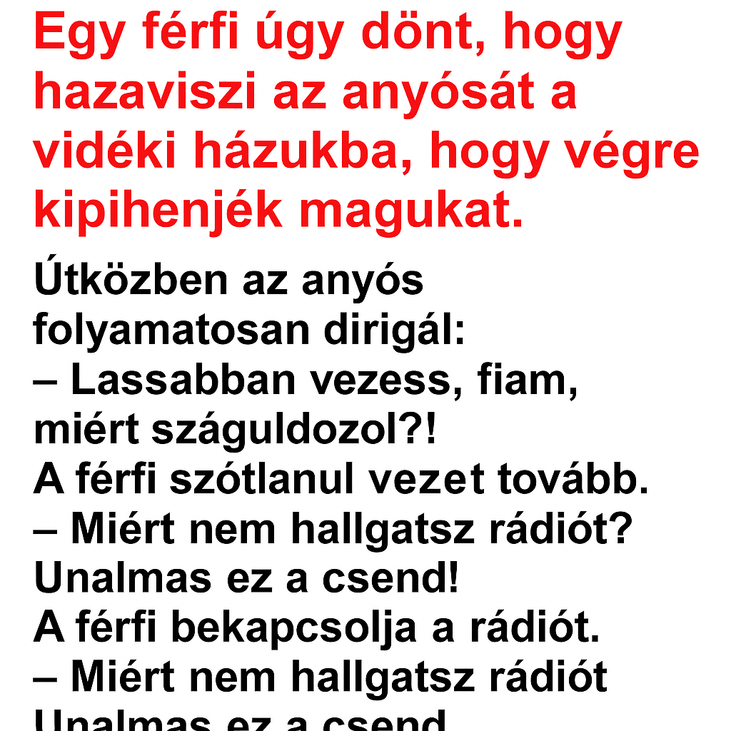 Egy férfi úgy dönt, hogy hazaviszi az anyósát a vidéki házukba, hogy végre kipihenjék magukat.