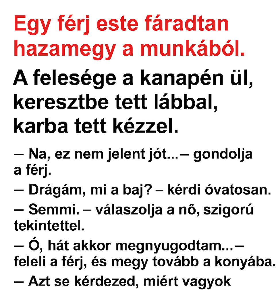 Egy férj este fáradtan hazamegy a munkából. A felesége a kanapén ül, keresztbe tett lábbal, karba tett kézzel.
