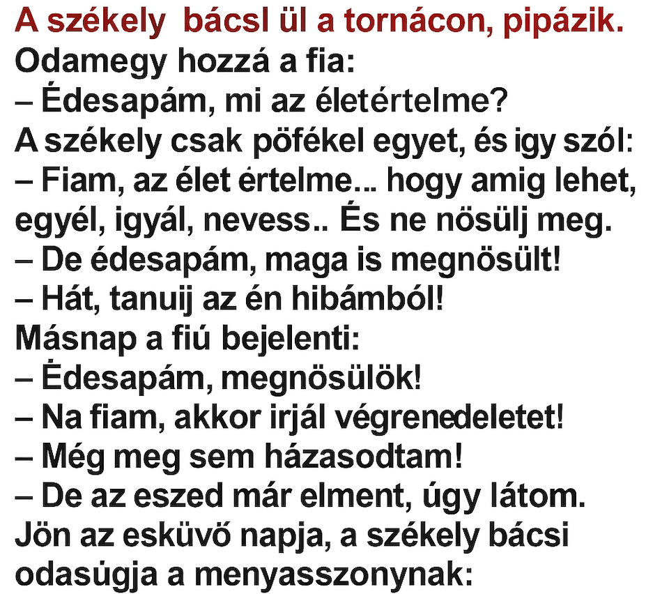 A székely bácsi ül a tornácon, pipázik. Odamegy hozzá a fia: – Édesapám….