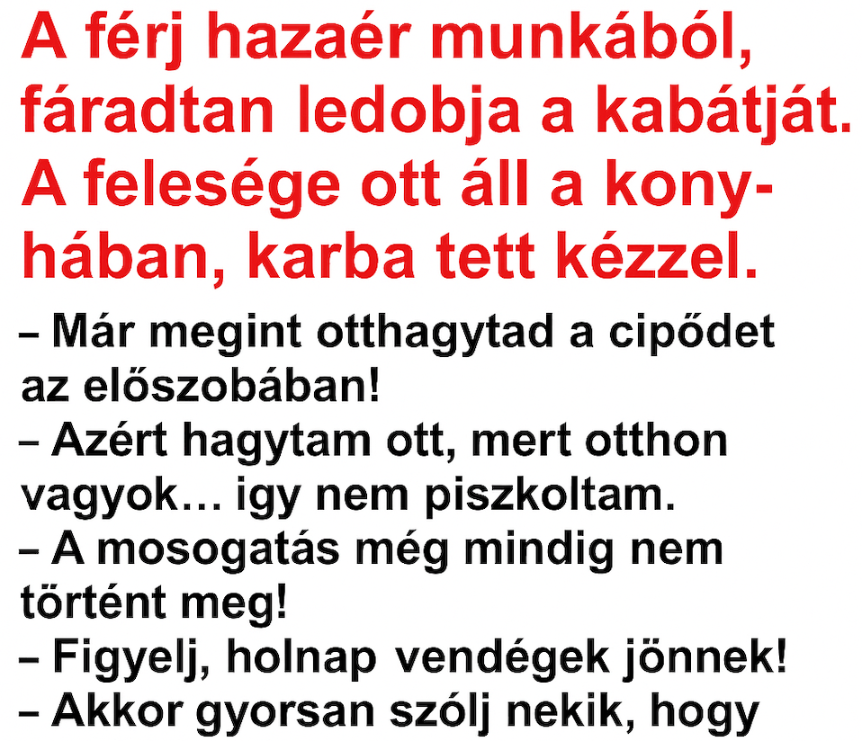A férj hazaér munkából, fáradtan ledobja a kabátját. A felesége ott áll a konyhában, karba tett kézzel.