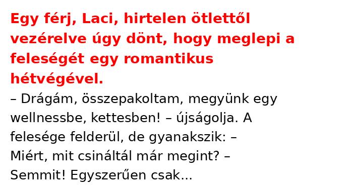Vicc: Egy férj, Laci, hirtelen ötlettől vezérelve úgy dönt, hogy meglepi a feleségét egy romantikus hétvégével.