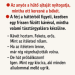 VICC: Az anyós a hűtő ajtaját nyitogatja, mintha ott keresné a békét.  A férj a háttérből figyeli, kezében egy frissen főzött kávéval, mintha valami túsztárgyalásra készülne.