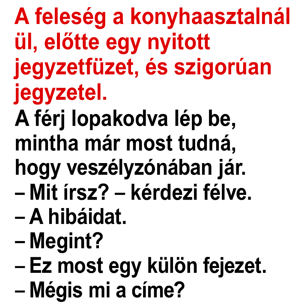 A feleség a konyhaasztalnál ül, előtte egy nyitott jegyzetfüzet, és szigorúan jegyzetel. A férj lopakodva lép be, mintha már most tudná, hogy veszélyzónában jár. A feleség a konyhaasztalnál ül, előtte egy nyitott jegyzetfüzet, és szigorúan jegyzetel. A férj lopakodva lép be, mintha már most tudná, hogy veszélyzónában jár.