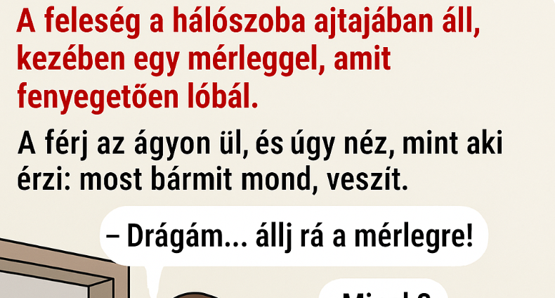 A feleség a hálószoba ajtajában áll, kezében egy mérleggel, amit fenyegetően lóbál. A férj az ágyon ül, és úgy néz, mint aki érzi: most bármit mond, veszít. A feleség a hálószoba ajtajában áll, kezében egy mérleggel, amit fenyegetően lóbál. A férj az ágyon ül, és úgy néz, mint aki érzi: most bármit mond, veszít.