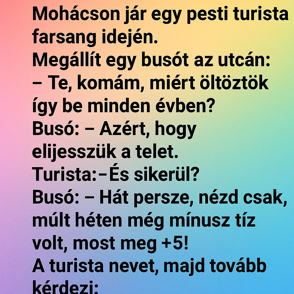 Mohácson jár egy pesti turista farsang idején. Mohácson jár egy pesti turista farsang idején.