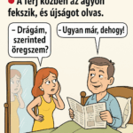 A feleség áll a tükör előtt, forgolódik. A férj közben az ágyon fekszik, és újságot olvas. a18ce62d-3861-44c4-8de9-243c19ca823d