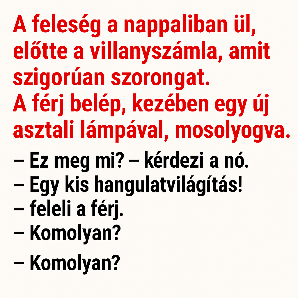 A feleség a nappaliban ül, előtte a villanyszámla, amit szigorúan szorongat. A férj belép, kezében egy új asztali lámpával, mosolyogva. A feleség a nappaliban ül, előtte a villanyszámla, amit szigorúan szorongat. A férj belép, kezében egy új asztali lámpával, mosolyogva.