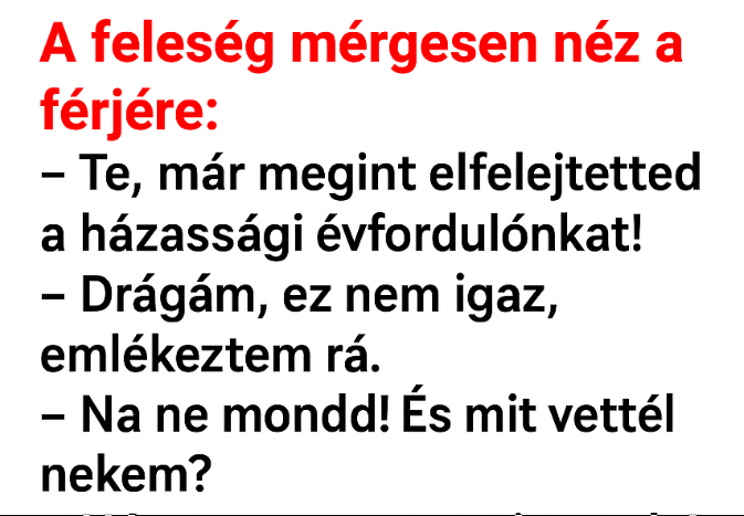 A feleség mérgesen néz a férjére: – Te, már megint elfelejtetted a házassági évfordulónkat! – Drágám, ez nem igaz, emlékeztem rá. – Na ne mondd! És mit vettél nekem? A feleség mérgesen néz a férjére: – Te, már megint elfelejtetted a házassági évfordulónkat! – Drágám, ez nem igaz, emlékeztem rá. – Na ne mondd! És mit vettél nekem?