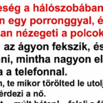 VICC: A feleség a hálószobában áll, kezében egy porronggyal, és gyanúsan nézegeti a polcokat. A férj az ágyon fekszik, és próbál úgy tenni, mintha nagyon el lenne foglalva a telefonnal. capture-20250825-130805