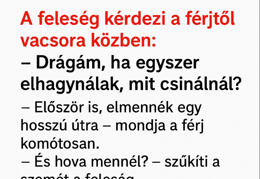 VICC: A feleség kérdezi a férjétől vacsora közben: – Drágám, ha egyszer elhagynálak, mit csinálnál? VICC: A feleség kérdezi a férjétől vacsora közben: – Drágám, ha egyszer elhagynálak, mit csinálnál?