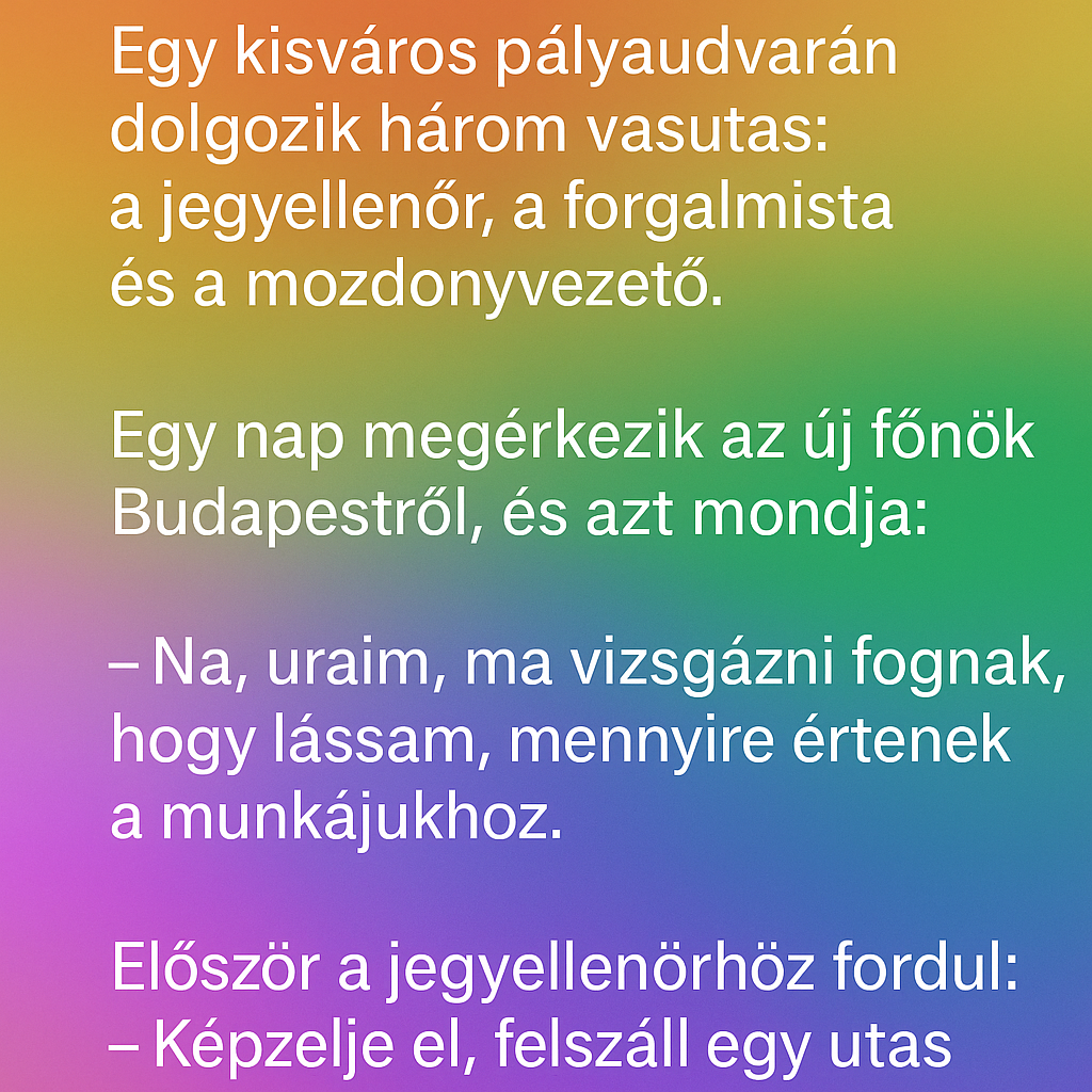 Vicc: Egy kisváros pályaudvarán dolgozik három vasutas: a jegyellenőr, a forgalmista és a mozdonyvezető. Vicc: Egy kisváros pályaudvarán dolgozik három vasutas: a jegyellenőr, a forgalmista és a mozdonyvezető.