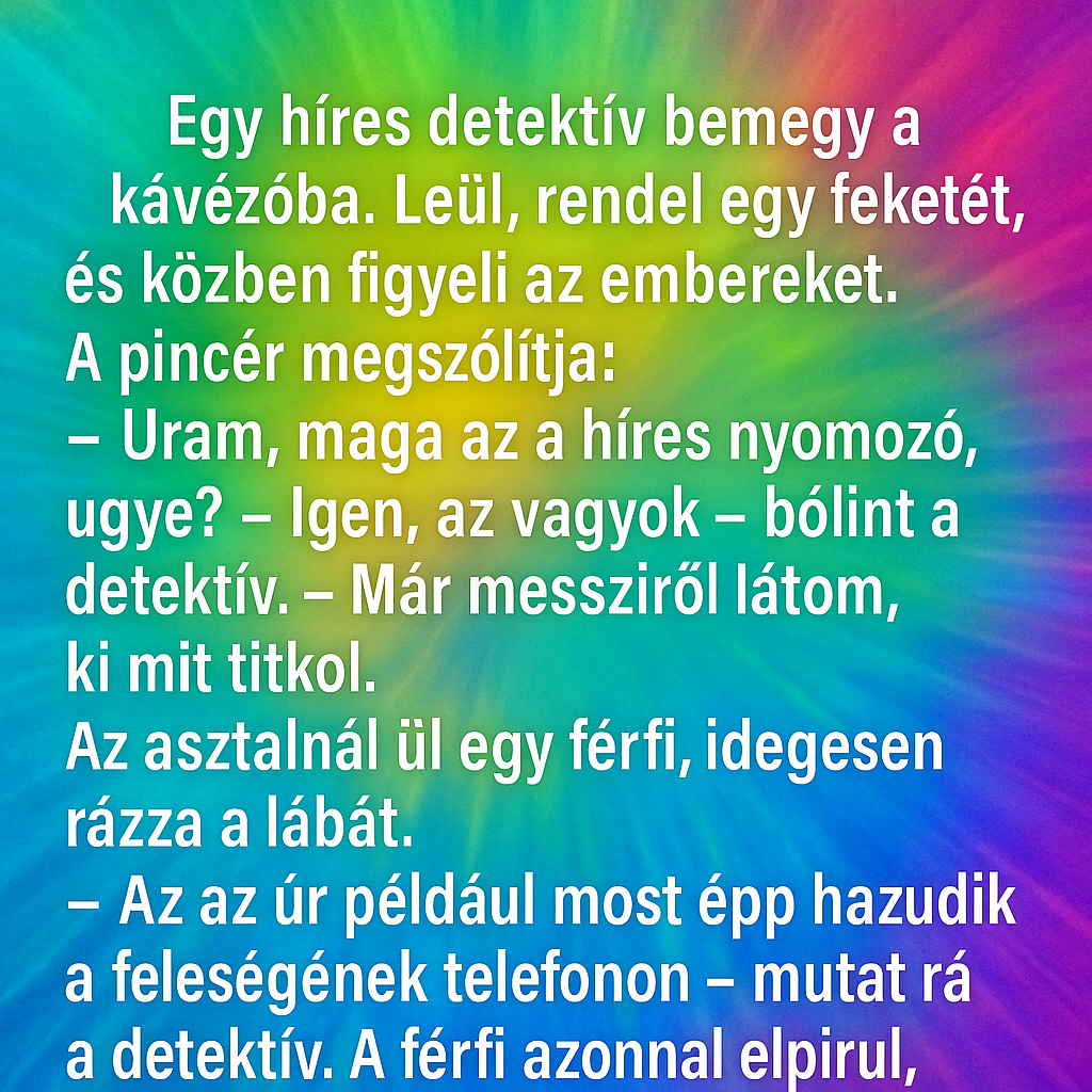 Vicc: Egy híres detektív bemegy a kávézóba. Vicc: Egy híres detektív bemegy a kávézóba.