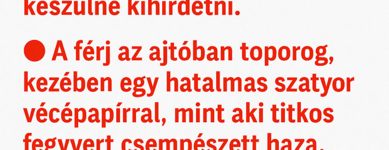 Az anyós a nappaliban ül, keresztbe tett lábbal, mintha éppen bírósági ítéletet készülne kihirdetni.  A férj az ajtóban toporog, kezében egy hatalmas szatyor vécépapírral, mint aki titkos fgyvert csempészett haza.