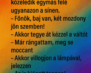 Vicc: A bakter áll a váltónál, egyszer csak látja, hogy két vonat közeledik egymás felé ugyanazon a sínen. Vicc: A bakter áll a váltónál, egyszer csak látja, hogy két vonat közeledik egymás felé ugyanazon a sínen.