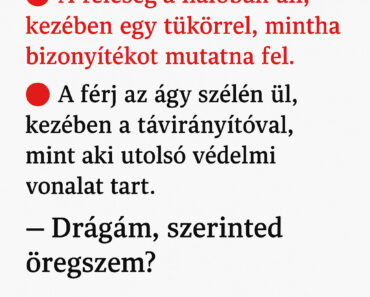 A feleség a hálóban áll, kezében egy tükörrel, mintha bizonyítékot mutatna fel.  A férj az ágy szélén ül, kezében a távirányítóval, mint aki utolsó védelmi vonalat tart.