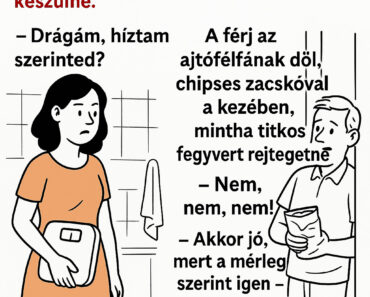 A feleség a hálóban áll, kezében egy mérleggel, mintha ítéletet készülne kihirdetni. A férj az ágy szélén ül, cipőfűzővel babrál, mintha haladékot kérne. A feleség a hálóban áll, kezében egy mérleggel, mintha ítéletet készülne kihirdetni. A férj az ágy szélén ül, cipőfűzővel babrál, mintha haladékot kérne.