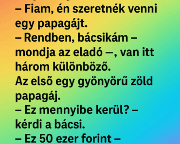 Egy idős bácsi bemegy a városi állatkereskedésbe.