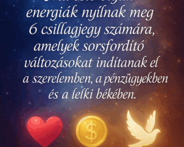 „Ma este olyan energiák nyílnak meg 6 csillagjegy számára, amelyek sorsfordító változásokat indítanak el a szerelemben, a pénzügyekben és a lelki békében.” „Ma este olyan energiák nyílnak meg 6 csillagjegy számára, amelyek sorsfordító változásokat indítanak el a szerelemben, a pénzügyekben és a lelki békében.”