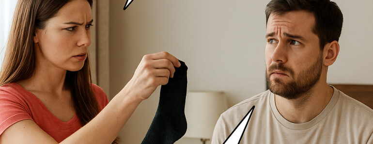 A feleség a hálóban áll, a kezében egy pár férfi zoknival, ami láthatóan nem ott volt, ahol lennie kellett volna.  A férj az ágyon ül, és pont úgy néz, mint aki érzi, hogy ez már nem csak egy zokni-vitának indul.