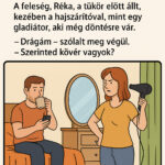 A ház csendes, csak a hűtő zümmögött, és néha egy-egy sóhaj szakította meg a békét. A férj, Zoli, épp a telefonját böngészte, miközben kávéját kortyolgatta. A feleség, Réka, a tükör előtt állt, kezében a hajszárítóval, mint egy gladiátor, aki még döntésre vár. – Drágám – szólalt meg végül.... 76d8150a-6602-4616-ba4a-fd88c49db190