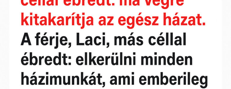 Szombat reggel volt. A feleség, Eszter, egyetlen céllal ébredt: ma végre kitakarítja az egész házat. A férje, Laci, más céllal ébredt: elkerülni minden házimunkát, ami emberileg lehetséges. Eszter már a porszívóval a kezében állt, mint egy…