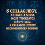 8 csillagjegy, akiknek a sorsa most titokzatos irányt vesz – A csillagok üzenete megdöbbentően pontos! Mystical horoscope-themed artwork featuring 8 zodiac signs in a cosmic setting. The title in bold, g