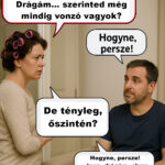 A feleség a tükör előtt áll, hajcsavaróval a fején, és olyan tekintettel, mint aki mindjárt bejelenti a válást — vagy vacsorát, attól függően, mi lesz előbb. A férj a kanapé szélén ül, kinyúlt pólóban, kezében távirányító, és abban reménykedik, hogy ez nem az a nap. de447b6f-032b-4789-95d6-55e6feb63259 (1)