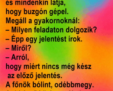 Egy irodában a főnök körbejár, és mindenkin látja, hogy buzgón gépel.