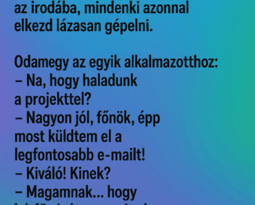 Egy nagyvállalatnál a főnök belép az irodába, mindenki azonnal elkezd lázasan gépelni. Egy nagyvállalatnál a főnök belép az irodába, mindenki azonnal elkezd lázasan gépelni.