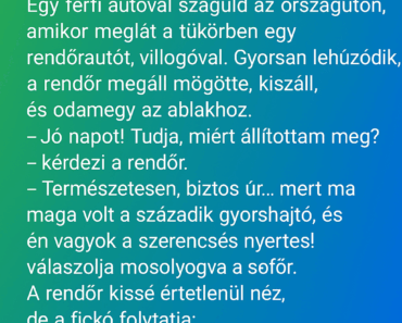 Egy férfi autóval száguld az országúton, amikor meglát a tükörben egy rendőrautót, villogóval. Egy férfi autóval száguld az országúton, amikor meglát a tükörben egy rendőrautót, villogóval.