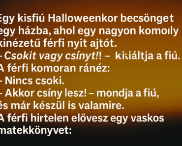 Egy kisfiú Halloweenkor becsönget egy házba, ahol egy nagyon komoly kinézetű férfi nyit ajtót. Egy kisfiú Halloweenkor becsönget egy házba, ahol egy nagyon komoly kinézetű férfi nyit ajtót.