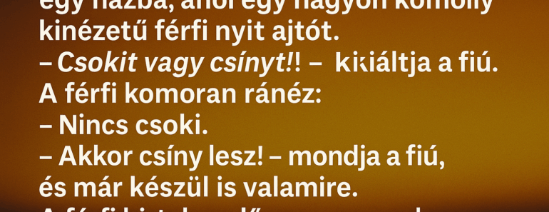 Egy kisfiú Halloweenkor becsönget egy házba, ahol egy nagyon komoly kinézetű férfi nyit ajtót.
