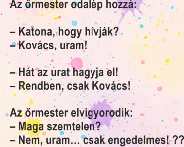 A seregben új újonc érkezik. Az őrmester odalép hozzá: A seregben új újonc érkezik. Az őrmester odalép hozzá: