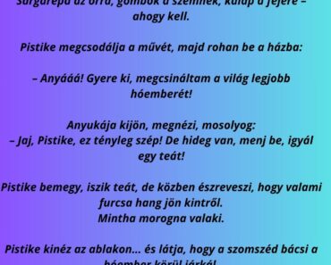 Pistike egy téli reggelen felébred, kinéz az ablakon, és látja, hogy esett egy csomó hó. Pistike egy téli reggelen felébred, kinéz az ablakon, és látja, hogy esett egy csomó hó.