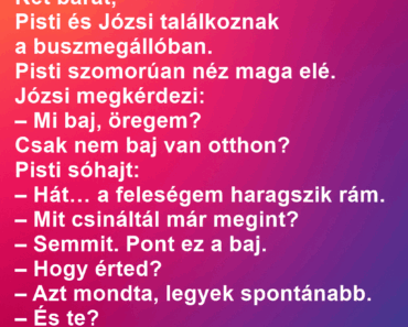 Két barát, Pisti és Józsi találkoznak a buszmegállóban. Két barát, Pisti és Józsi találkoznak a buszmegállóban.