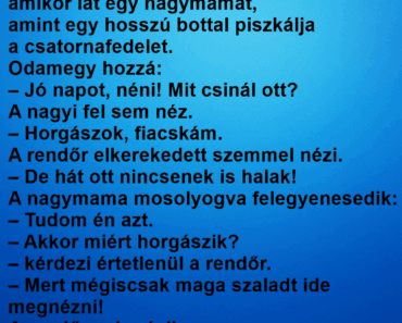 A rendőr járőrözik az utcán, amikor lát egy nagymamát, amint egy hosszú bottal piszkálja a csatornafedelet.