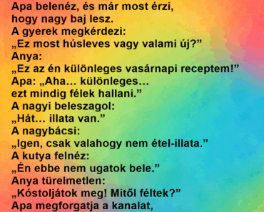 A család vasárnapi ebédhez ül, Anya pedig büszkén leteszi a levest. A család vasárnapi ebédhez ül, Anya pedig büszkén leteszi a levest.