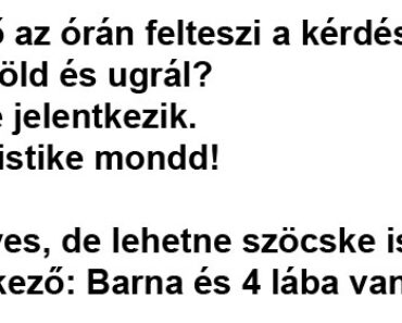Tanárnő az órán felteszi a kérdést: Mi az: Zöld és ugrál?