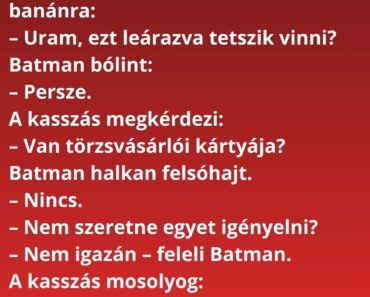 Batman civilben vásárol, tele kosárral: tej, kenyér, banán.