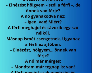 Egy nő otthon takarít, amikor csengetnek.