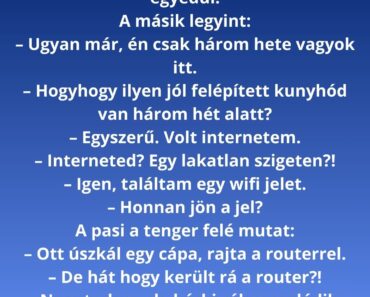 Egy hajótörött hosszú idő után végre meglát egy másik embert a szigeten. Egy hajótörött hosszú idő után végre meglát egy másik embert a szigeten.