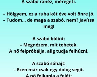 Egy nő megy a szabóhoz egy ruhával.