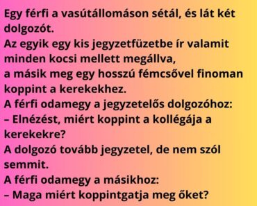 Egy férfi a vasútállomáson sétál, és lát két dolgozót.